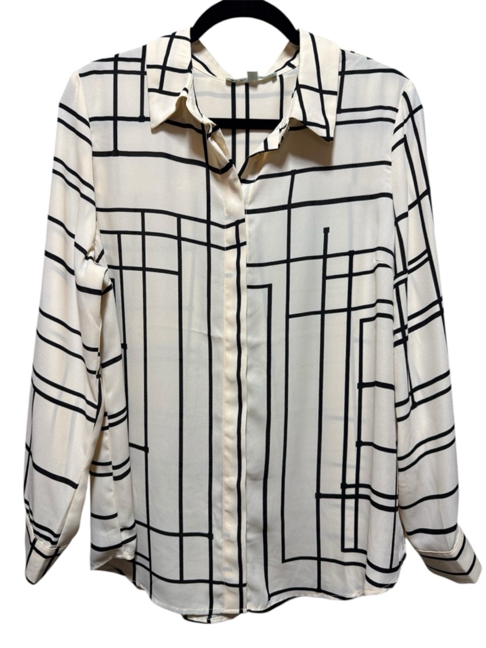 Cream Button-Front Shirt with Black Grid Print